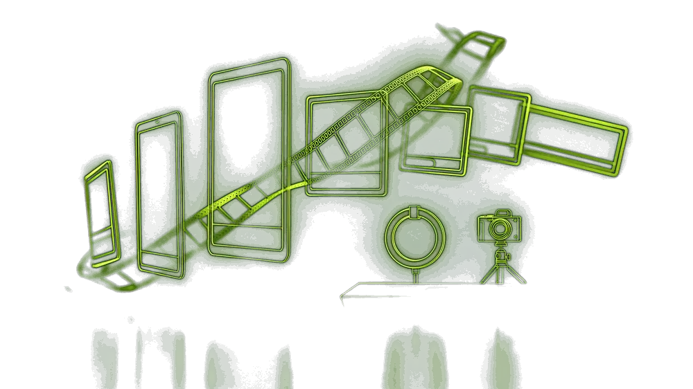 A creative workbench drawn in volt-green light: a fan of ad frames, a ribbon of film, a ring light and a camera