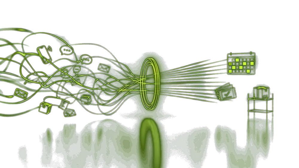 A tangle of messages, calls and parcels drawn in volt-green light runs through a ring of light and leaves as clean lines into a calendar, a resolved support ticket and a packed shelf