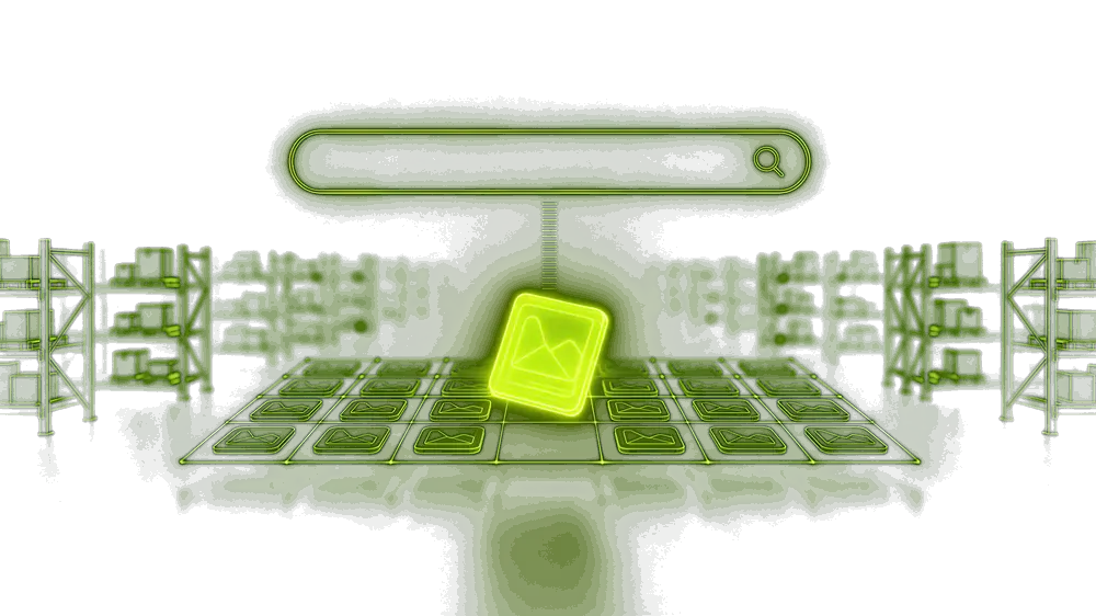 A marketplace search grid drawn in volt-green light, one product card lifting toward a search bar on a beam of light