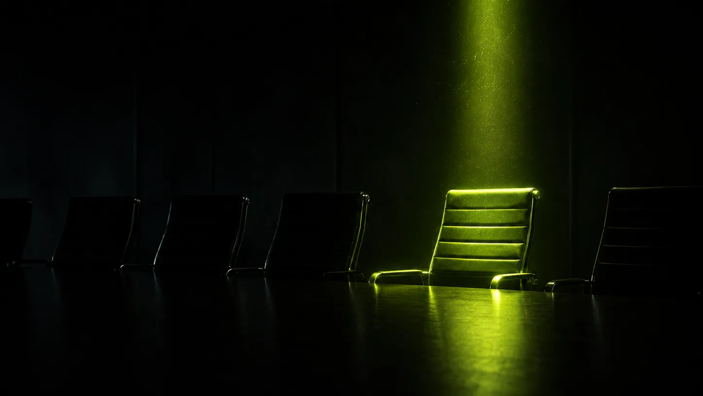 A dark boardroom with one chair lit by a narrow volt-green spotlight - the held meeting