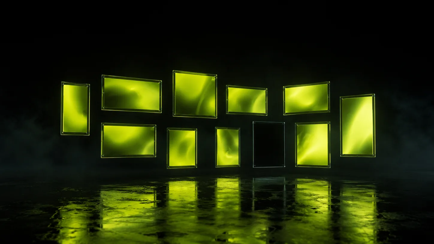 A dark wall of glowing volt-green ad panels with one empty dark frame among them, the gap where this business is absent