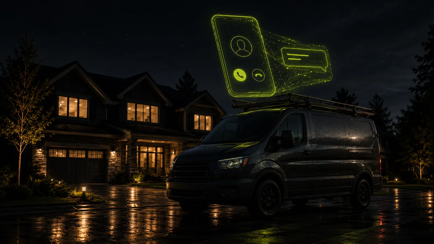 A contractor work van parked in a driveway at night, a glowing volt-green phone interface above it turning a missed call into a text message