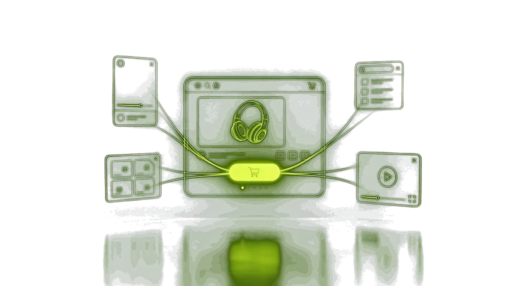 A storefront drawn in volt-green light, fed by four floating ad screens whose streams of light run into the cart button