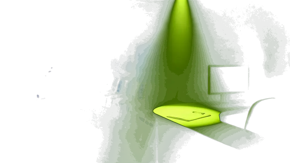 An empty medical practice front office at night: a row of empty waiting-room chairs in the dark, and a clipboard on the reception desk lit by a narrow volt-green spotlight beside a switched-off monitor