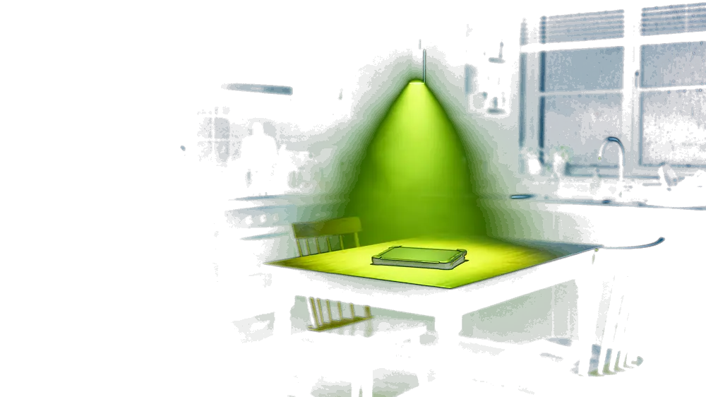 A family kitchen at night: a wooden table with two empty chairs and a tablet, lit from above by a narrow volt-green pendant spotlight, ready for the estimate