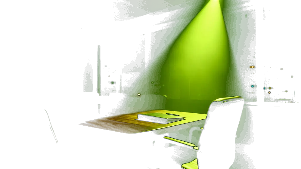 An empty conference room at night, rain on the windows, a narrow volt-green spotlight on one empty leather chair and a closed black binder with a pen
