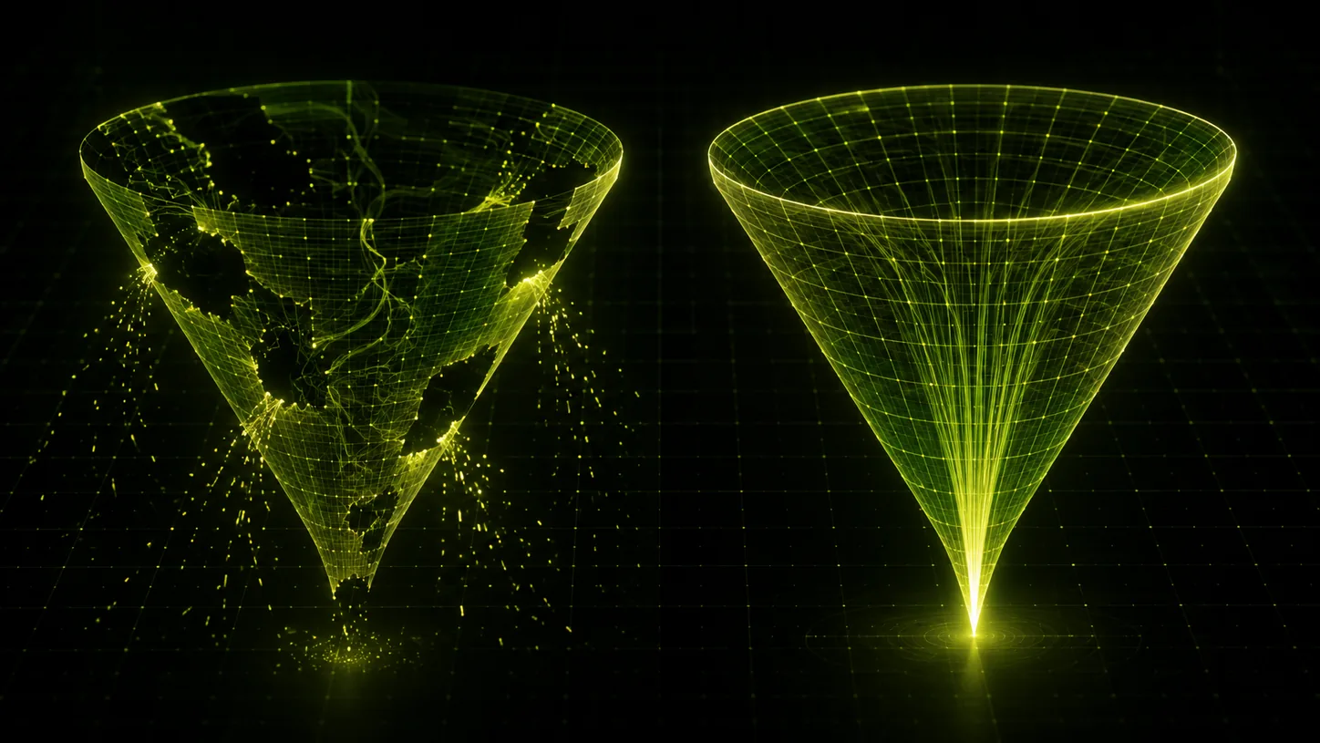 Two wireframe funnels side by side: the left one leaking particles of light through gaps in its walls, the right one sealed so the light converges to a single bright point.