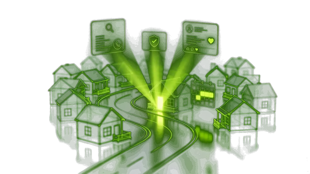 A small street of houses drawn in volt-green light; three floating ad panels beam into one house whose door glows, beside a calendar of booked slots