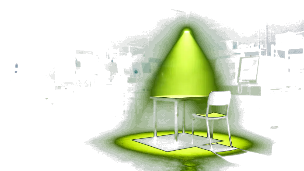 A dark factory floor at night with machines and shelving in shadow, and a single empty chair at a small steel table lit by a narrow volt-green spotlight, metal dust drifting in the beam