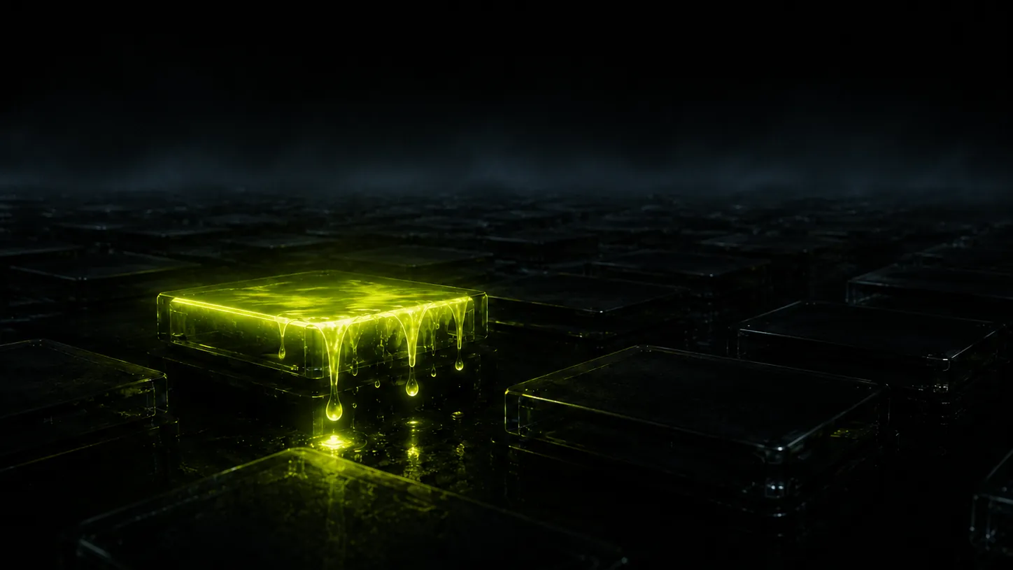 A dark grid of glass tiles with one volt-lit tile overflowing, light dripping from its edge