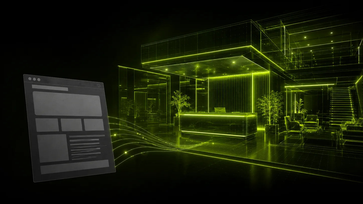 A premium practice reception rendered as a glowing volt-green wireframe, with a small dim outdated webpage floating in front of it and light traces reaching out to rebuild it