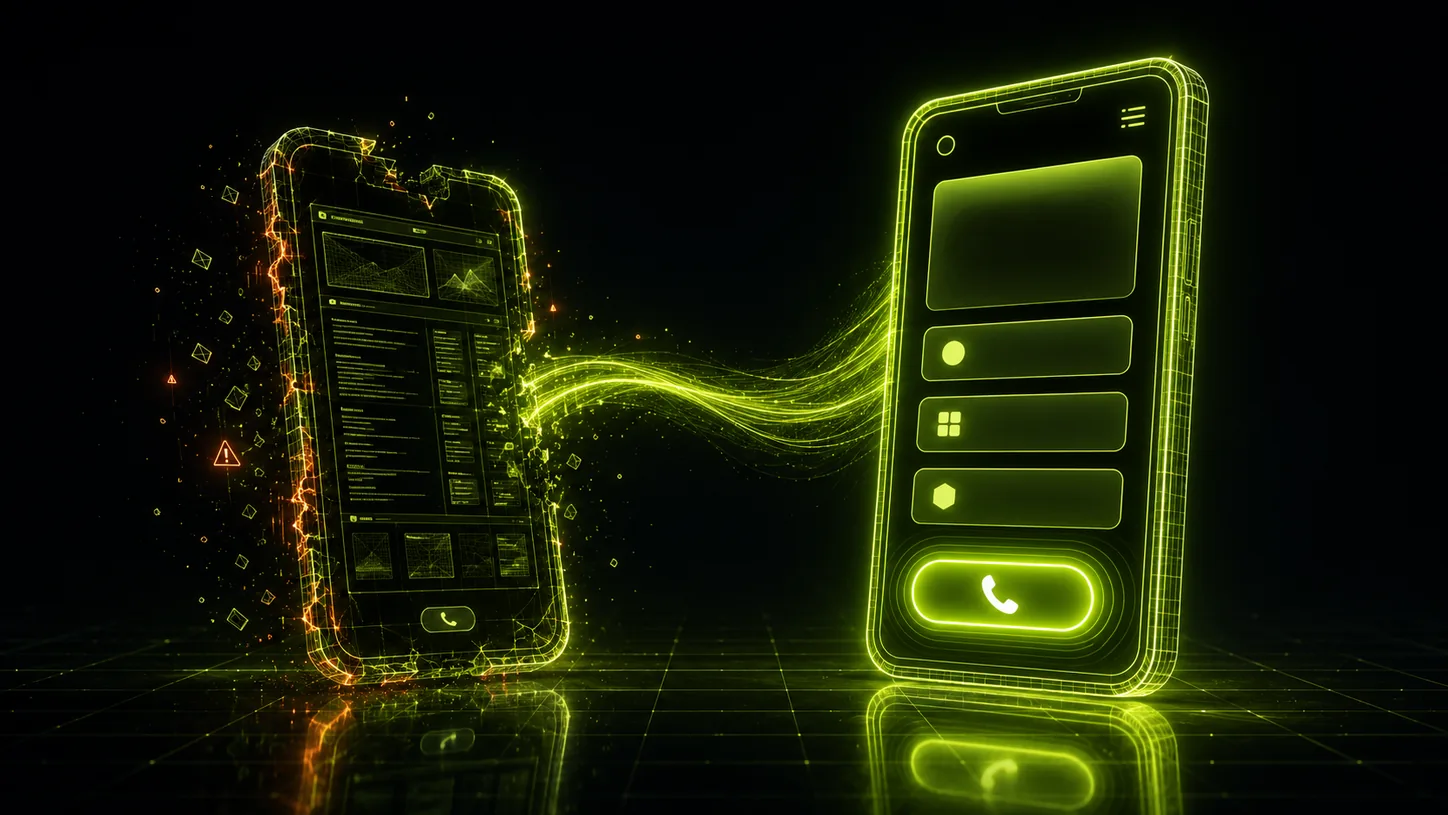 Two holographic phones of volt-green light: one dim and crumbling with cramped desktop layout, one bright with large tap targets and a glowing call button