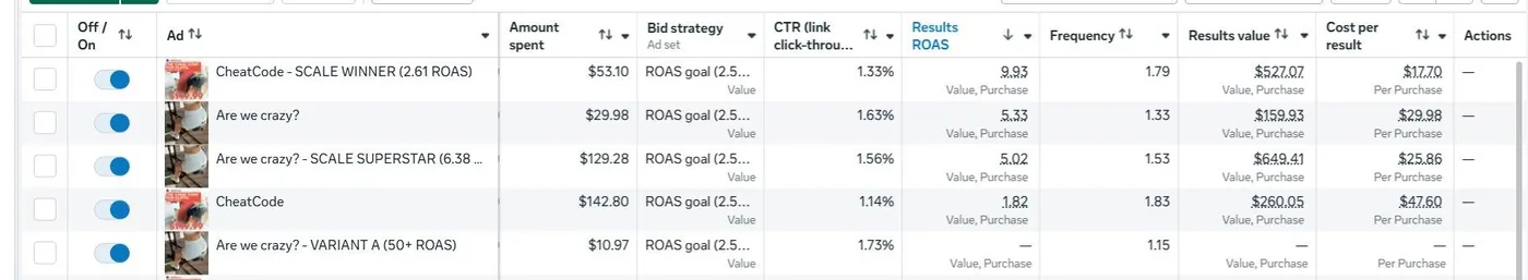 Ad-level screenshot: 9.93 ROAS retargeting ad