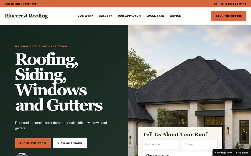 The opening screen of the Bluecrest Roofing sample