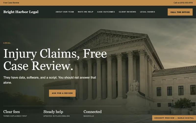 The opening screen of the Bright Harbor Legal sample