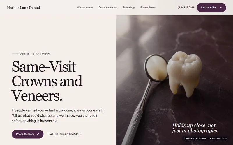 The opening screen of the Harbor Lane Dental sample