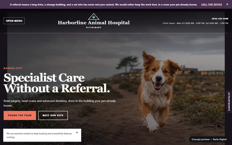 The opening screen of the Harborline Animal Hospital sample