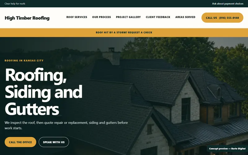 The opening screen of the High Timber Roofing sample