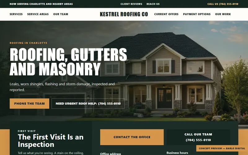 The opening screen of the Kestrel Roofing Co sample