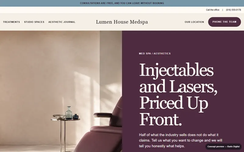 The opening screen of the Lumen House Medspa sample