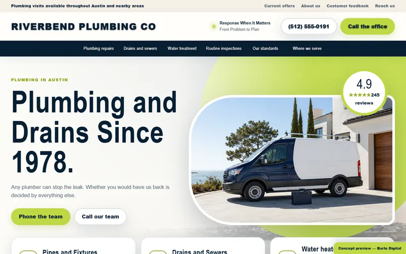 The opening screen of the Riverbend Plumbing Co sample