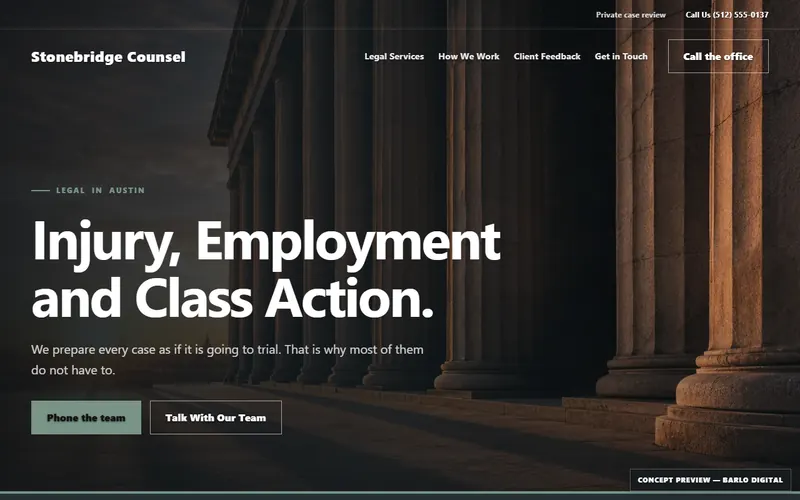 The opening screen of the Stonebridge Counsel sample