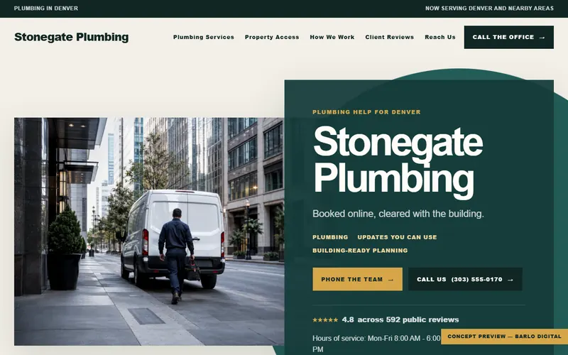 The opening screen of the Stonegate Plumbing sample