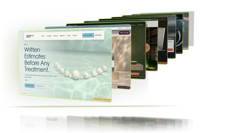 The opening screens of the ten live 3D sample sites, fanned out as a deck of glass screens over still water
