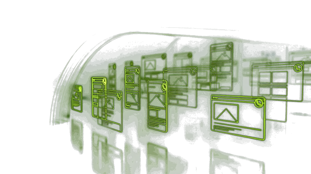 A curved gallery of floating website pages drawn in volt-green light, each with a call button