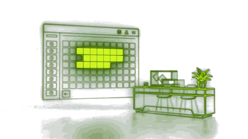 A website booking calendar drawn in light with its open slots glowing, beside a clinic reception desk