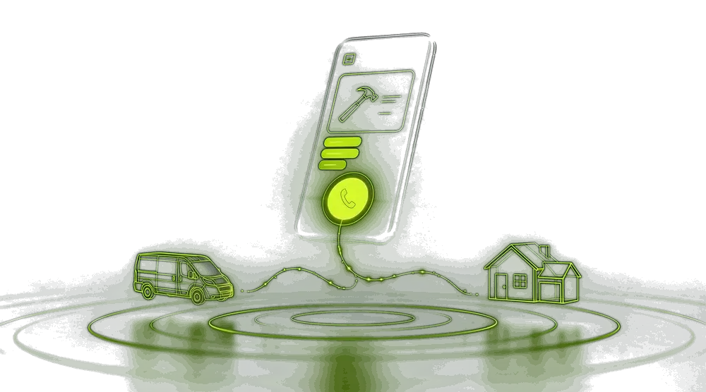 A phone showing a one-page contractor website drawn in light, its call button linked to a work van and a house